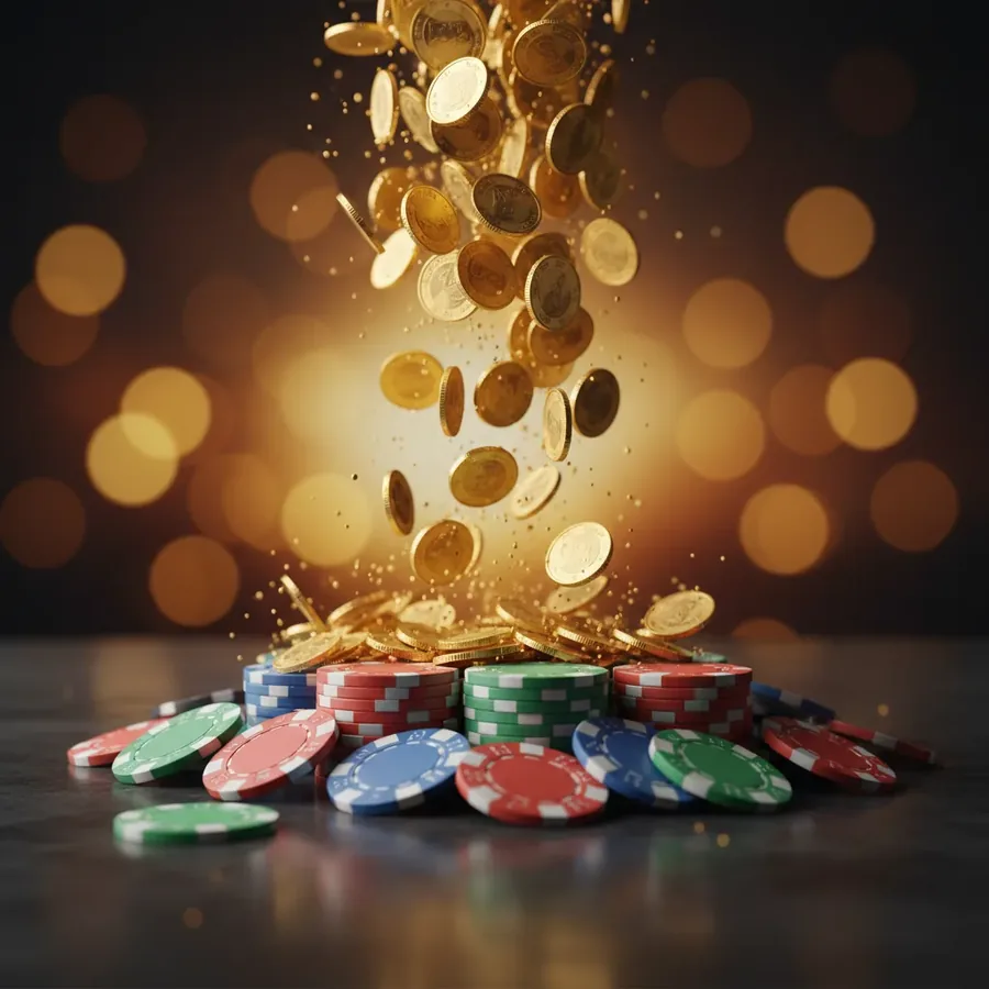 Regen aus Goldmuenzen ueber gestapelten Casino-Jetons