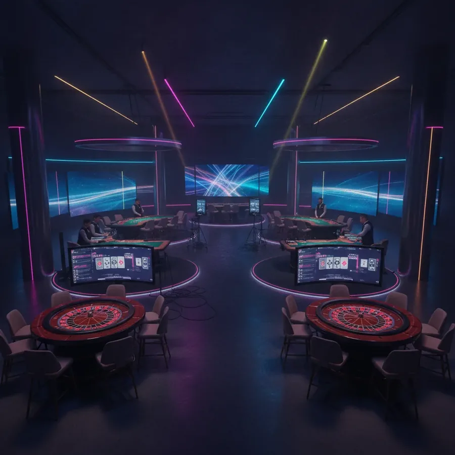 Übersicht eines Live-Studios mit mehreren Spieltischen